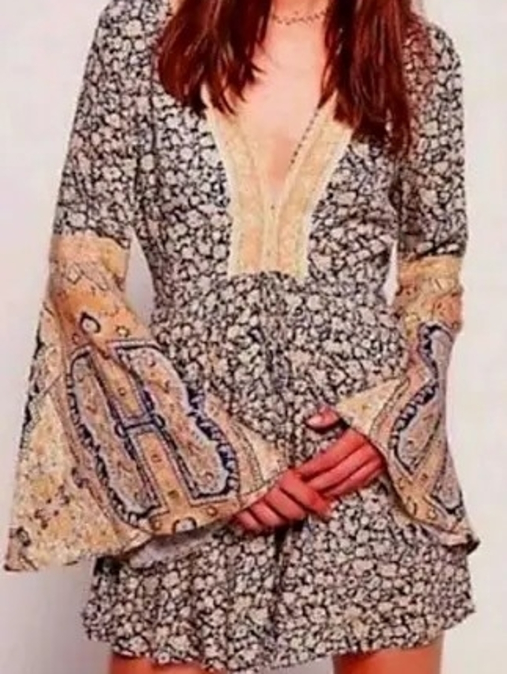 Free People Boho Open-Back Floral Bell-Sleeve Romper M - Picture 2 of 7
